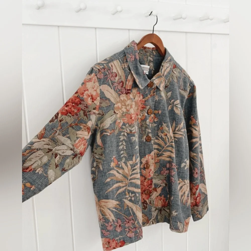 Coldwater Creek Canvas 100% Cotton Floral Jacket Muted Colorful Coastal 2X - Picture 4 of 12